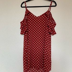 Red polka dot off the shoulder dress